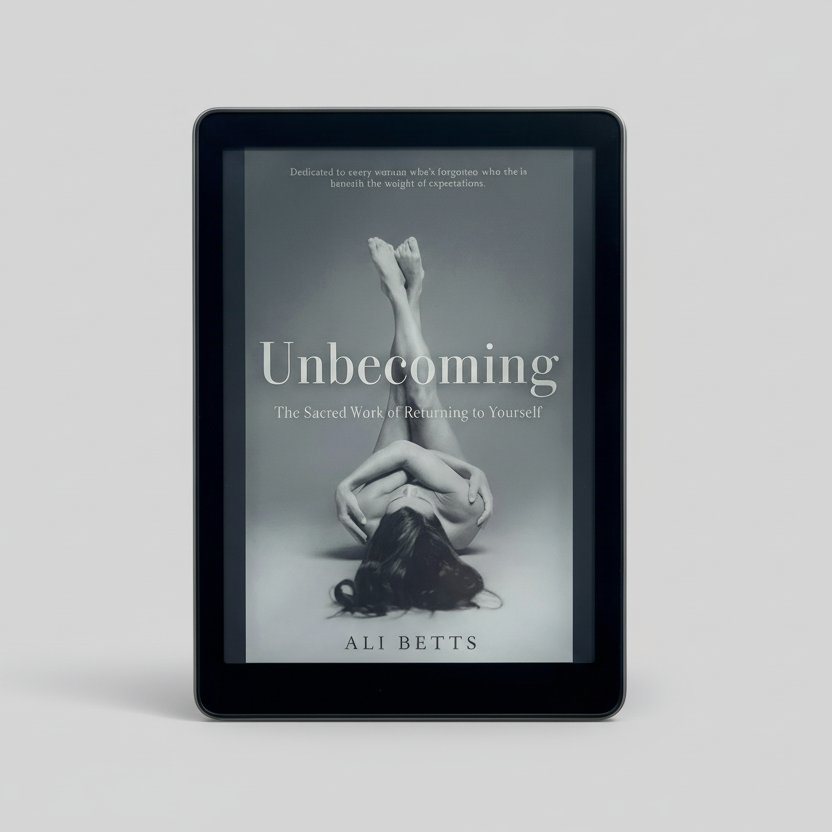 Ebook cover of 'Unbecoming' by Ali Betts on a tablet screen with a marble background.